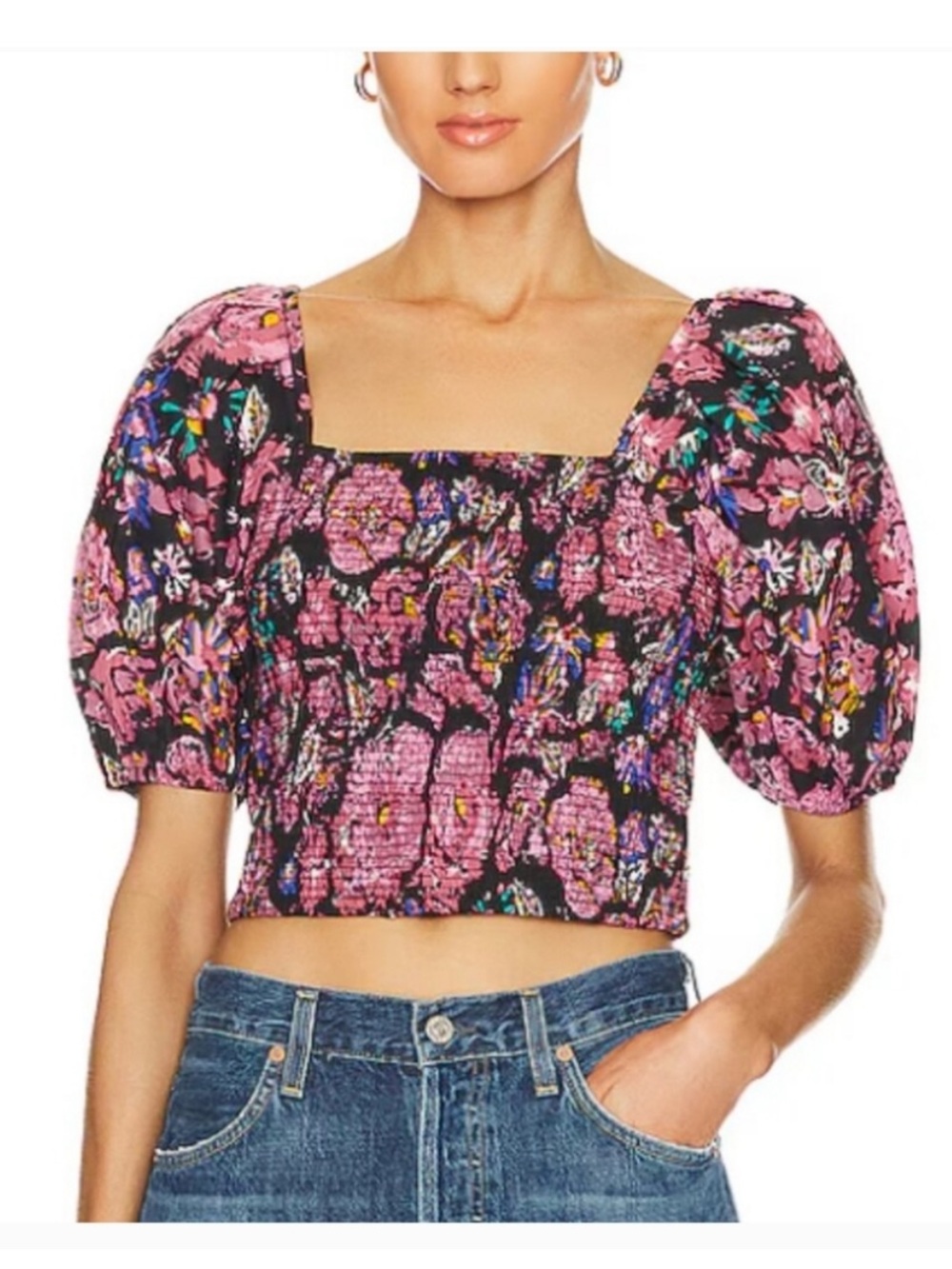 New Cleobella Morgan Blouse XS Smocked Puff Sleeve Crop Top smoke pet free home